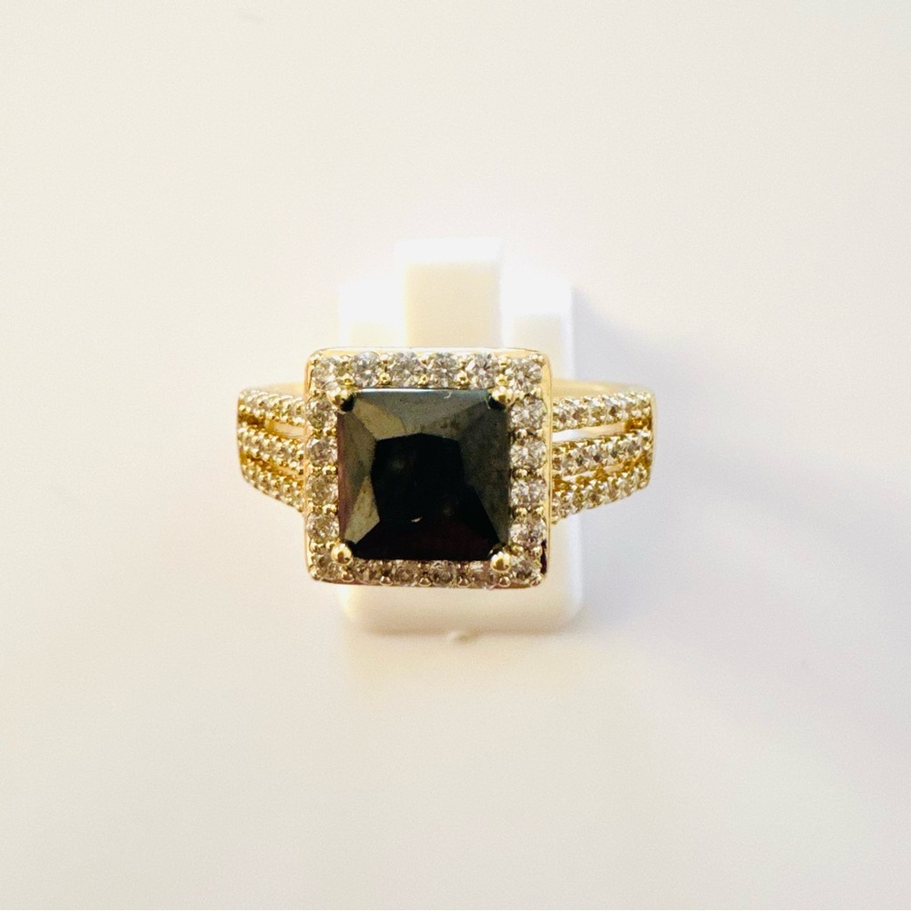 14K Gold Plated Black Square Solitaire Ring with Pavé Accents. Size 9. New